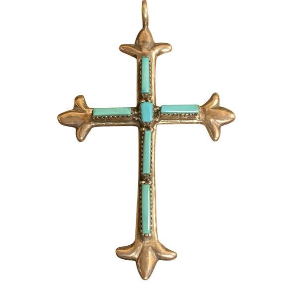 Zuni Artist G&L Leekity Pendant Sterling Silver and Turquoise Large Cross - Picture 1 of 7